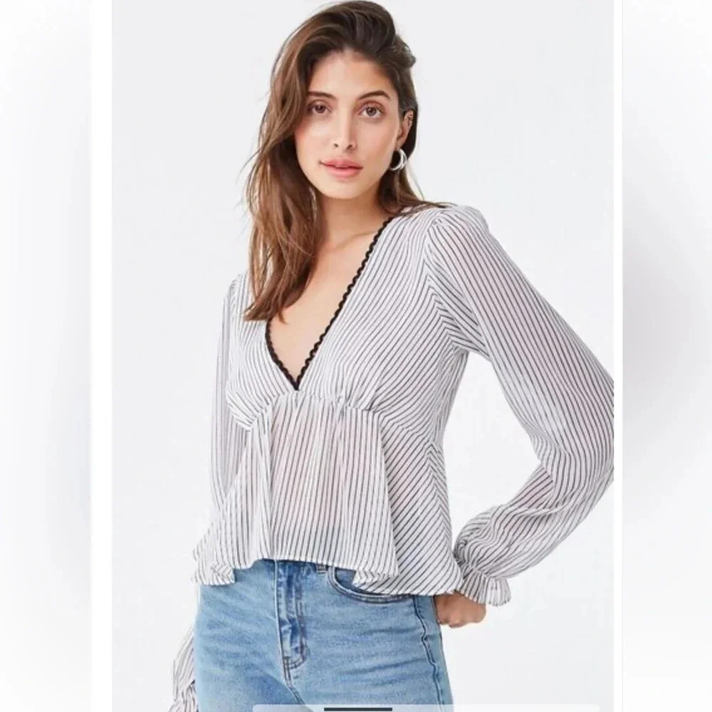 Forever 21 Metallic Sheer White Black Striped Long Sleeve‎ Blouse NWT